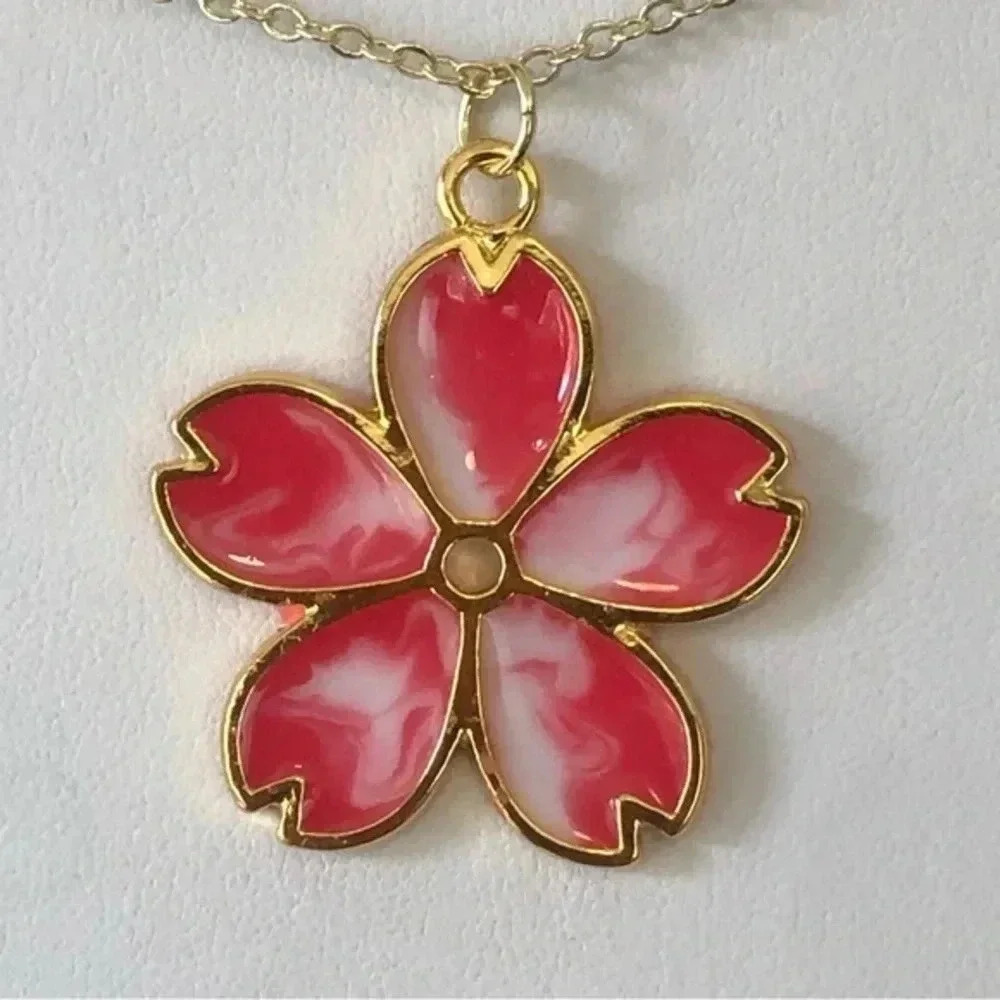 Handmade Epoxy Resin Flower Red, White & Gold Necklace Cottage Prairie New NWT